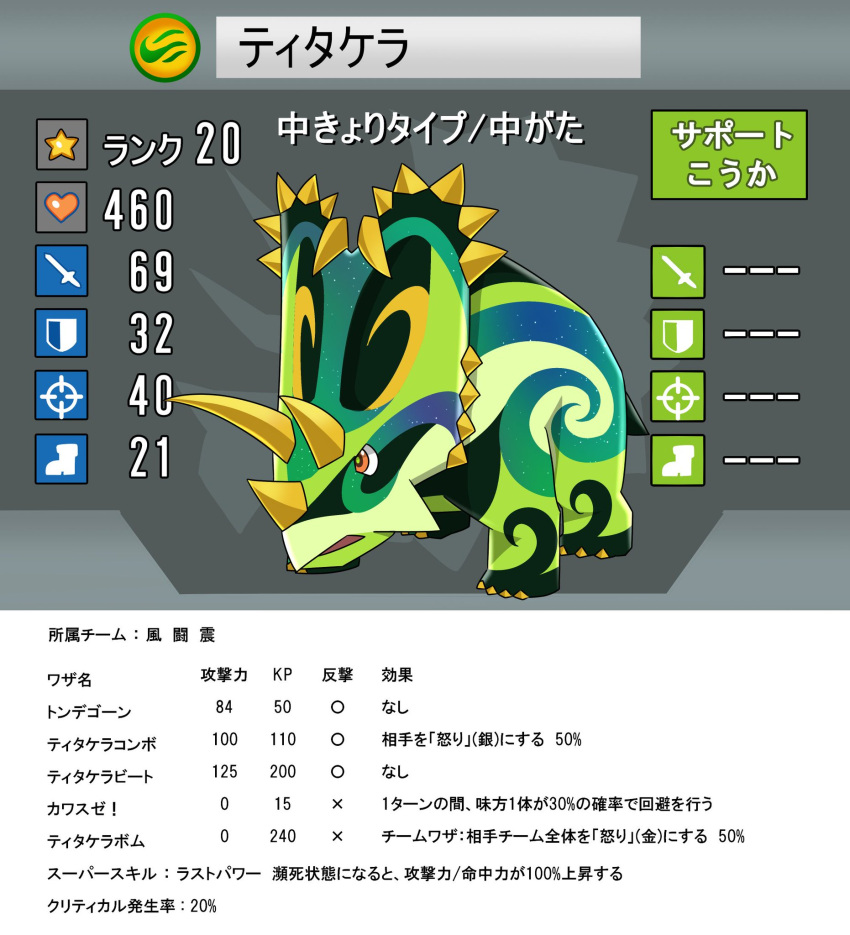 ceratopsid, colored_skin, cretaceous_period, dinosaur, elemental_animal, fossil_fighters, green_skin, highres