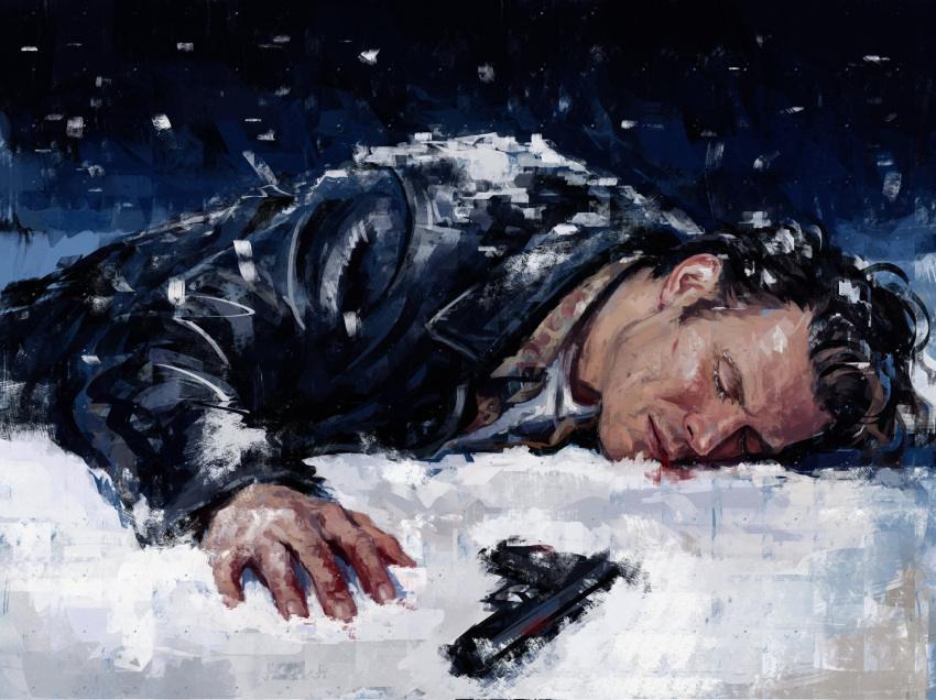 1boy, black_hair, black_jacket, blood, blood_on_snow, closed_eyes, collared_shirt, commentary