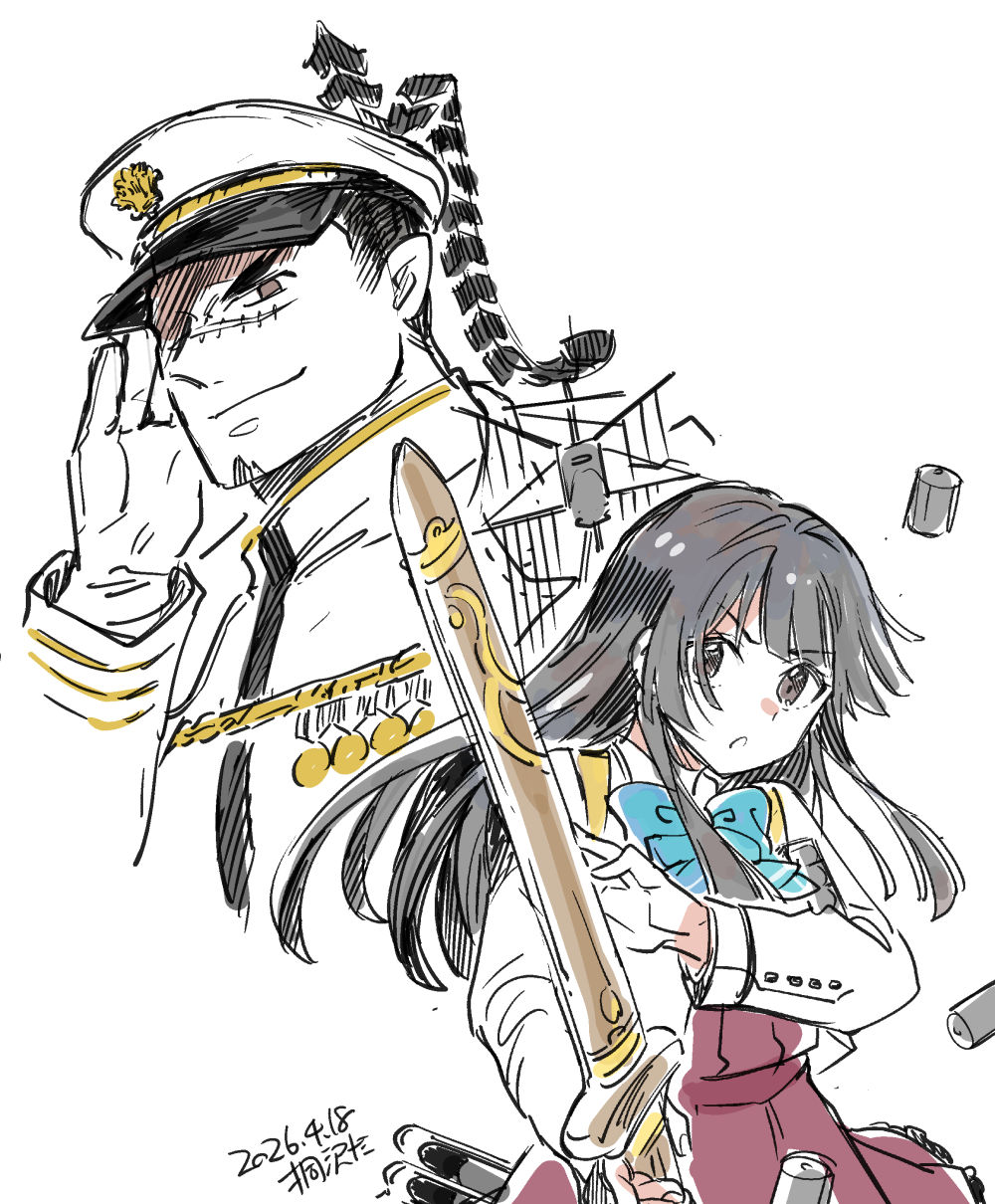 1boy, 1girl, admiral_(kancolle), admiral_(kancolle)_(cosplay), aqua_bow, aqua_bowtie, artist_name, black_hair