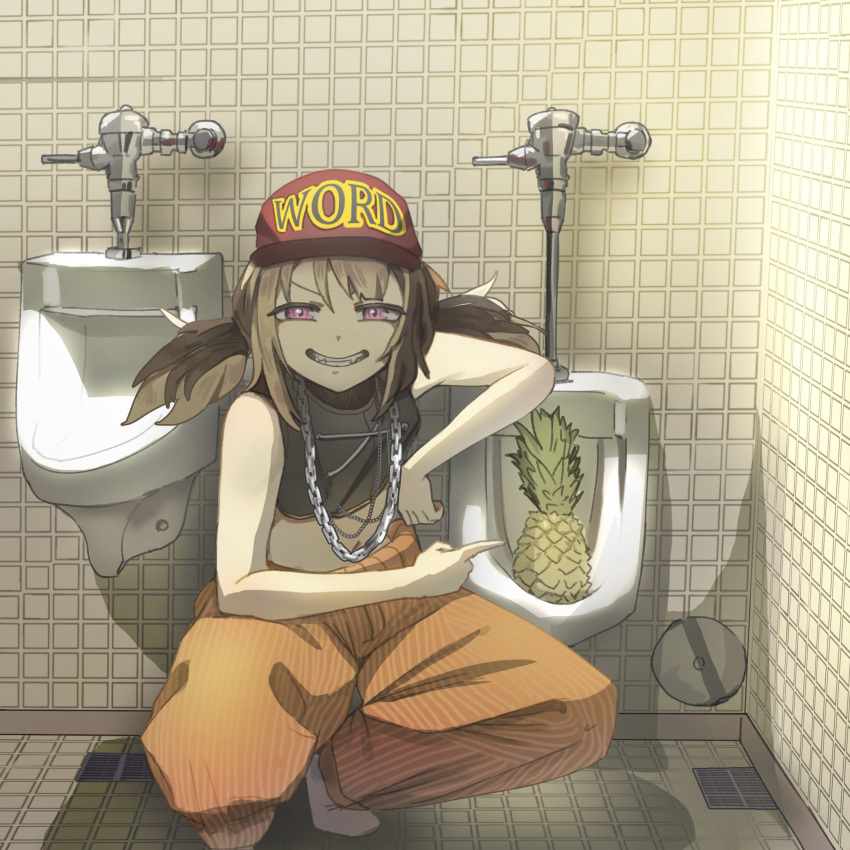 1girl, arm_rest, baggy_pants, baseball_cap, black_shirt, brown_hair, chain, chain_necklace
