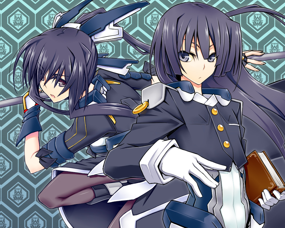 black_legwear, blue_eyes, book, gloves, honda_futayo, honda_masazumi, honda_nidai, kyoukai_senjou_no_horizon, long_hair, pantyhose, polearm, ponytail, siblings, sisters, spear, tori_(amadok79), uniform, weapon, yuu_(amadoki)