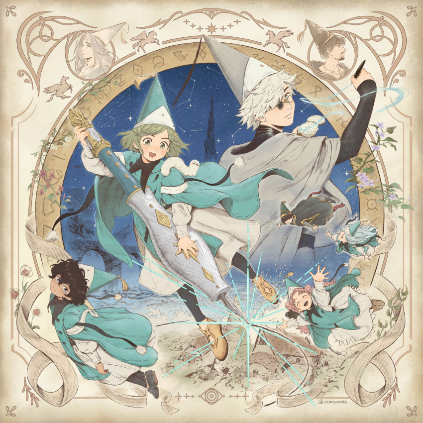4boys, 4girls, agott_arklaum_(tongari_boushi_no_atelier), beldaruit_(tongari_boushi_no_atelier), black_hair, black_leggings, blue_eyes, blue_hair, blush, brushbuddy, casting_spell, child, cloak, coco_(tongari_boushi_no_atelier), commentary, creature, euini_(tongari_boushi_no_atelier), fingernails, flower, flying, glasses, green_eyes, green_hair, hat, hat_tassel, highres, holding, holding_pen, jeanpanzie, leggings, long_hair, long_sleeves, magic, multiple_boys, multiple_girls, olruggio_(tongari_boushi_no_atelier), open_mouth, oversized_object, pen, pink_hair, plant, qifrey's_atelier_apprentice_uniform, qifrey_(tongari_boushi_no_atelier), richeh_(tongari_boushi_no_atelier), short_hair, sky, star_(sky), starry_sky, teeth, tetia_(tongari_boushi_no_atelier), tongari_boushi_no_atelier, untranslatable_commentary, upper_teeth_only, vines, violet_eyes, waving, white_hair, wizard_hat
