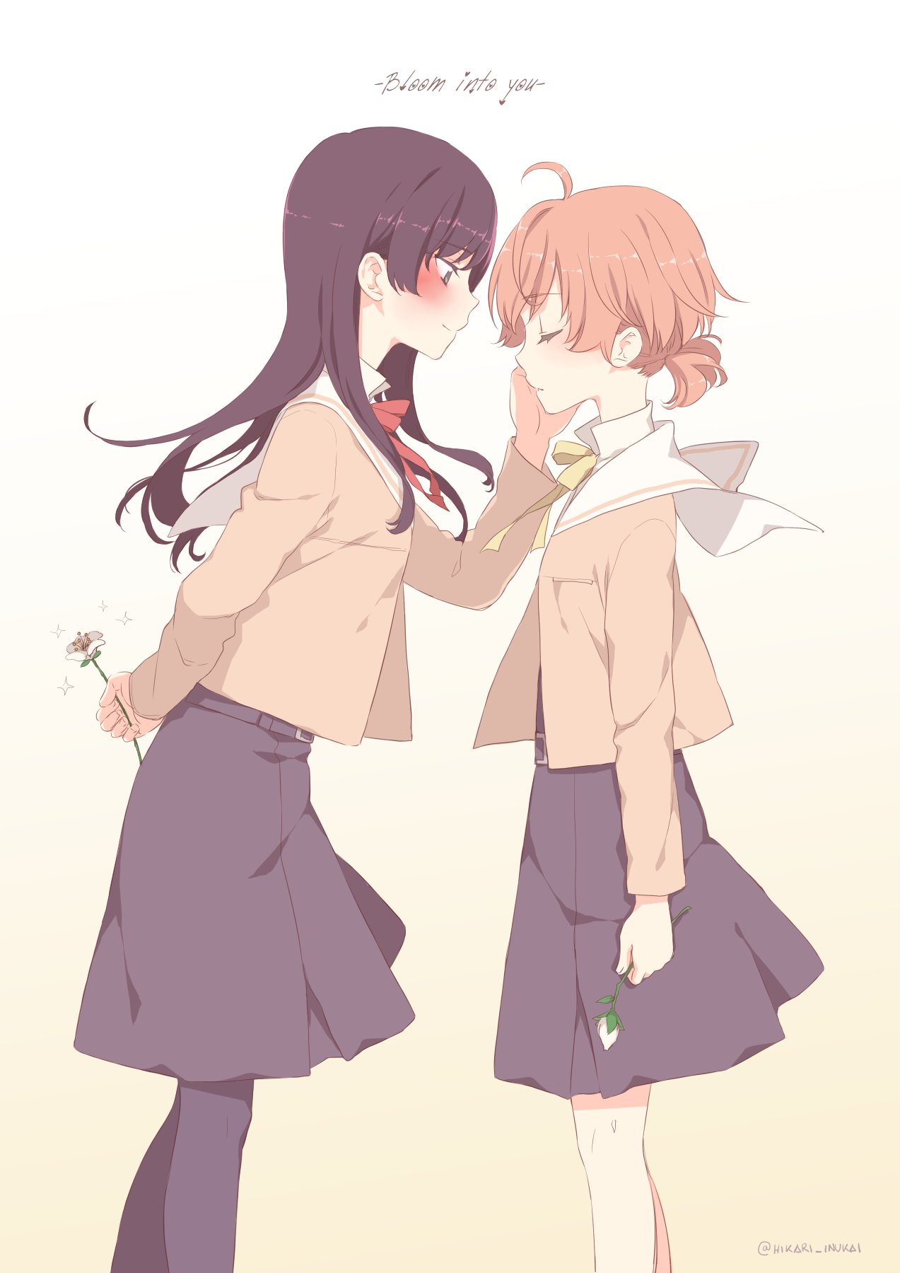 2girls, ana_c._sanchez, arm_behind_back, black_hair, blush, closed_eyes, closed_mouth, copyright_name, english_commentary, flower, from_side, gradient_background, hand_on_another's_cheek, hand_on_another's_face, highres, koito_yuu, long_hair, multiple_girls, nanami_touko, orange_hair, school_uniform, smile, white_flower, yagate_kimi_ni_naru, yellow_background, yuri