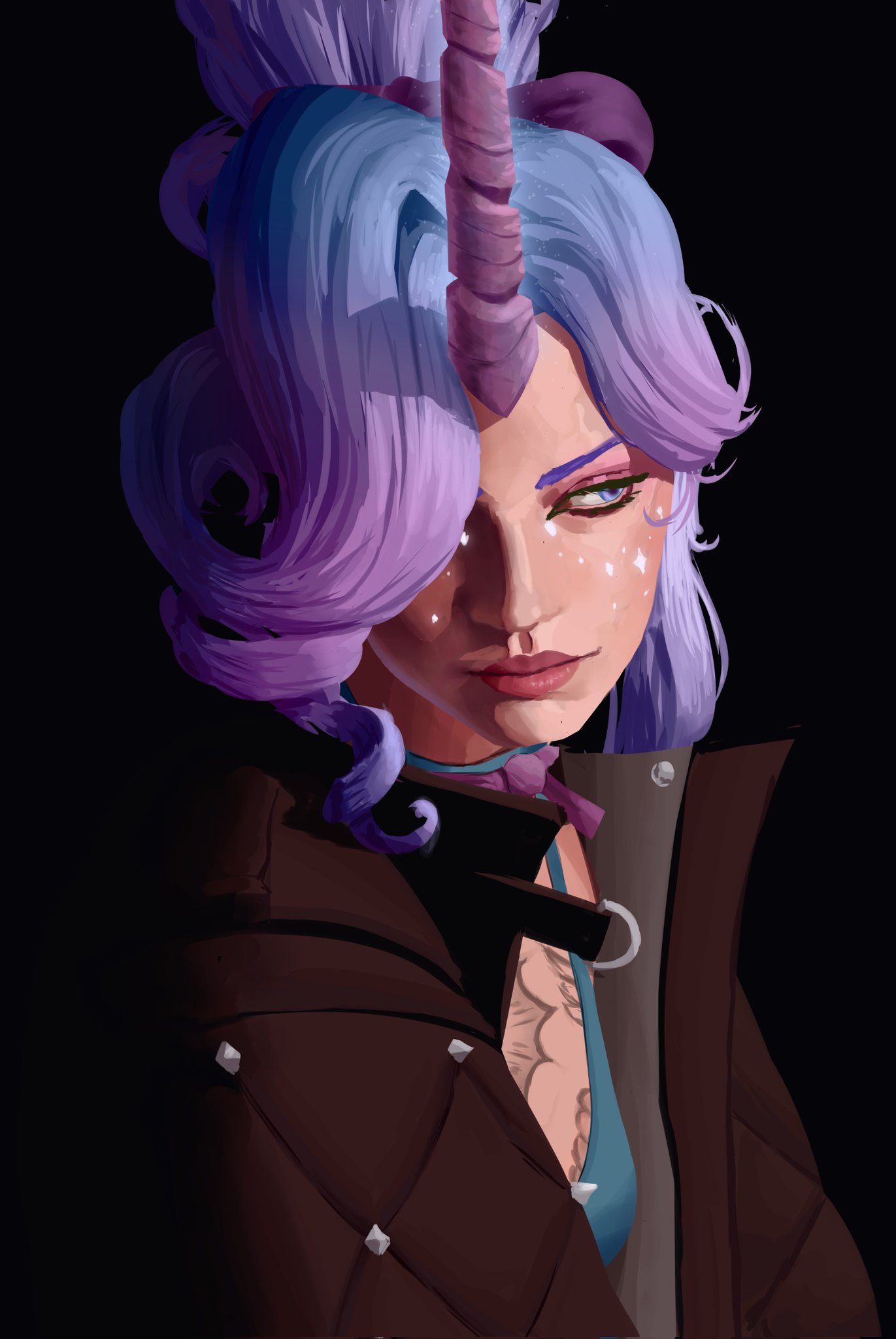 1girl, black_background, black_jacket, blue_eyes, blue_hair, celeste_(deadlock), choker, commentary, deadlock_(game), english_commentary, ezium_art, hair_over_one_eye, highres, horns, jacket, long_hair, looking_to_the_side, multicolored_hair, open_clothes, pink_hair, ribbon_choker, simple_background, single_horn, smile, solo, sparkle, studded_jacket, sun_symbol, sun_tattoo, tattoo, unicorn, unicorn_girl, unicorn_horn, upper_body