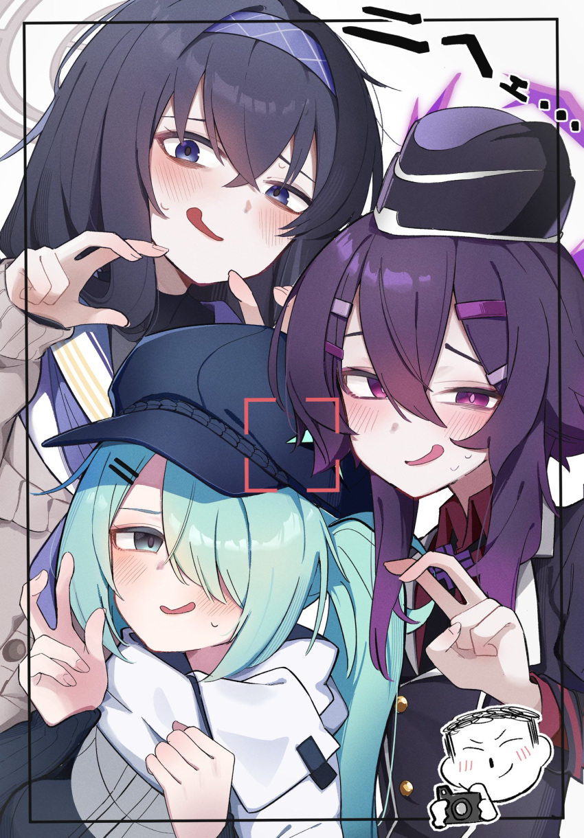 1boy, 3girls, bent_v, beret, black_hat, black_jacket, blue_archive, blue_eyes