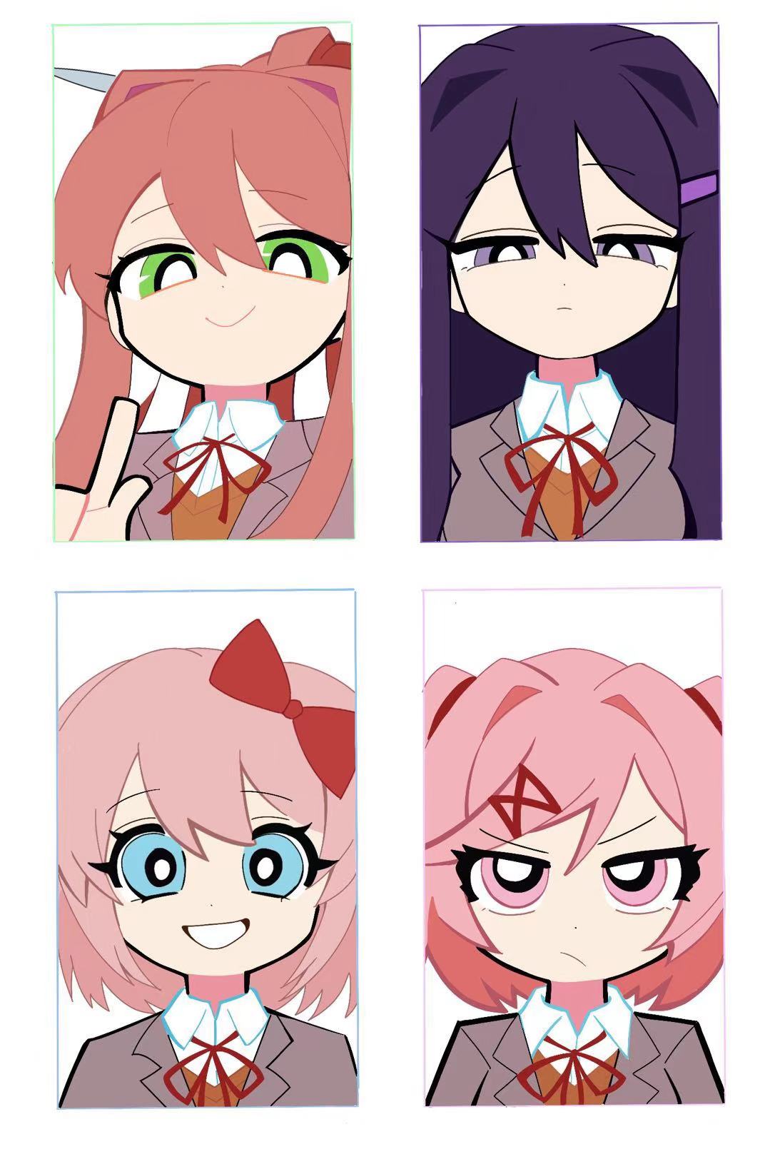 >:(, 4girls, blazer, bow, bright_pupils, brown_hair, brown_sweater_vest, closed_mouth, collared_shirt, commentary, comparison, doki_doki_literature_club, doki_doki_literature_club_school_uniform, dot_nose, double-parted_bangs, everyone, frown, green_eyes, grey_jacket, grin, hair_between_eyes, hair_bow, hair_intakes, hair_ornament, hair_ribbon, hairclip, half-closed_eyes, highres, index_finger_raised, jacket, jitome, lapels, light_frown, long_hair, long_sidelocks, looking_at_viewer, monika_(doki_doki_literature_club), multiple_girls, natsuki_(doki_doki_literature_club), neck_ribbon, open_mouth, panty_&amp;_stocking_with_garterbelt_(style), parody, pink_eyes, pink_hair, ponytail, portrait, purple_hair, rachel_campbell, raised_eyebrows, red_bow, red_ribbon, ribbon, sayori_(doki_doki_literature_club), school_uniform, shirt, short_hair, sidelocks, simple_background, smile, style_parody, sweater_vest, swept_bangs, two_side_up, v-shaped_eyebrows, violet_eyes, white_background, white_pupils, white_shirt, yuri_(doki_doki_literature_club)