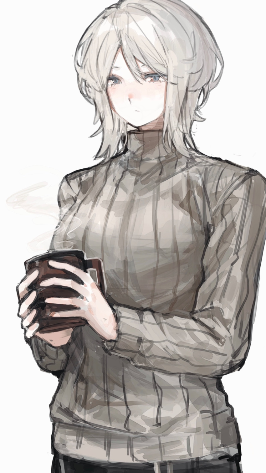 1girl, blue_eyes, brown_sweater, closed_mouth, commentary_request, cowboy_shot, cup, faust_(project_moon)