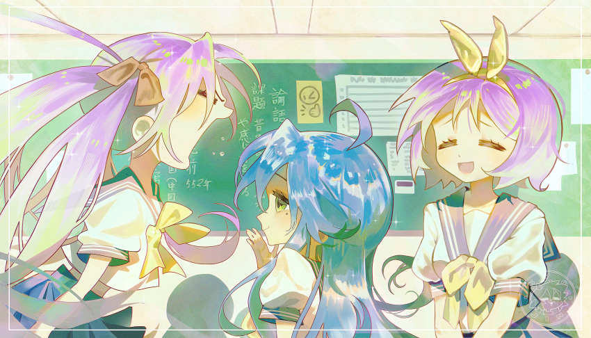 3girls, :d, =_=, absurdres, ahoge, blue_hair, blue_trim, border, bow, canon_event, chalkboard, classroom, closed_eyes, dot_nose, from_side, green_eyes, hair_bow, hairband, hand_on_own_face, highres, hiiragi_kagami, hiiragi_tsukasa, indoors, irregular_border, izumi_konata, kyojxn, long_hair, looking_at_another, lucky_star, medium_hair, mole, mole_under_eye, multiple_girls, neckerchief, open_mouth, puffy_short_sleeves, puffy_sleeves, purple_hair, red_bow, ryouou_school_uniform, scene_reference, school_uniform, serafuku, short_sleeves, shouting, siblings, silhouette, sisters, smile, summer_uniform, translation_request, twintails, very_long_hair, watermark, white_border, white_serafuku, yellow_hairband, yellow_neckerchief