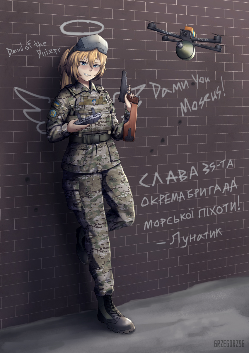 1girl, 35th_marine_brigade, absurdres, against_wall, angel_wings, artist_name, belt, blonde_hair