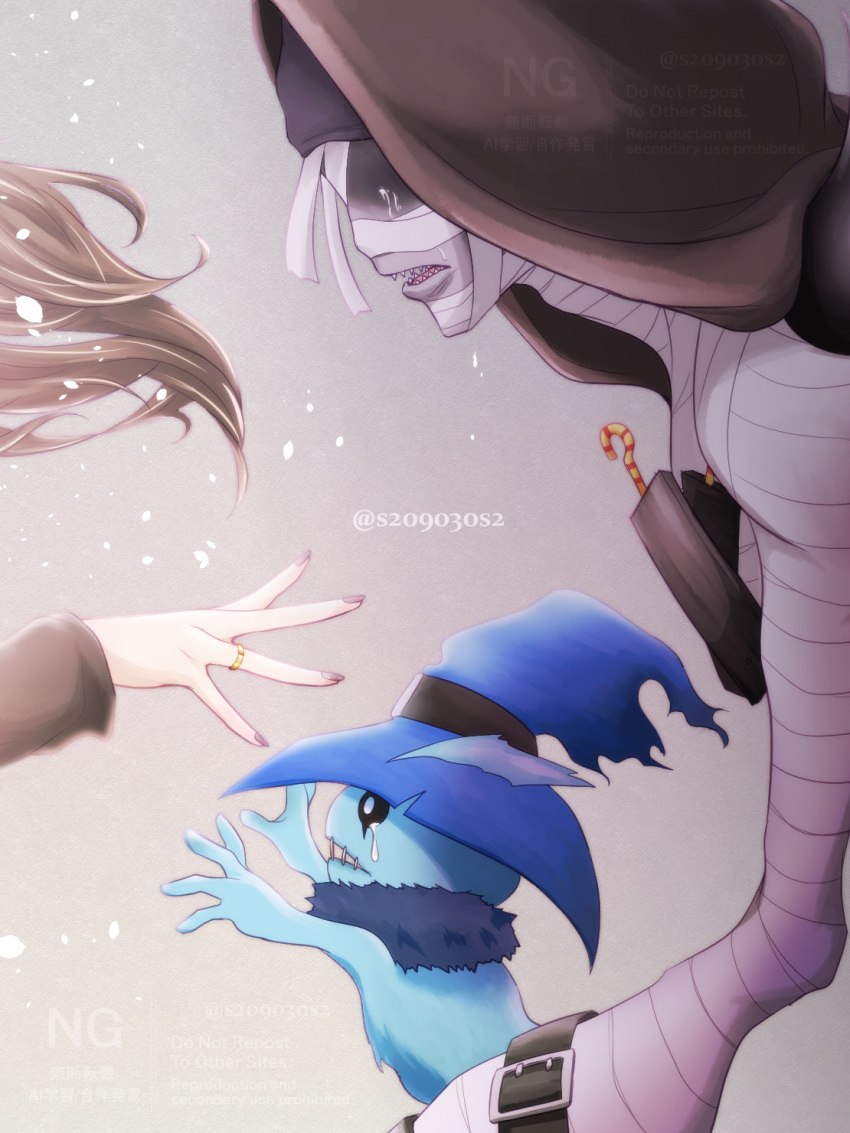 1boy, 1girl, artist_name, bandages, brown_hair, commentary_request, crying, digimon