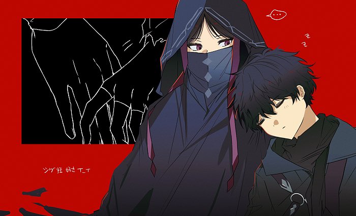 ..., 1boy, 1girl, black_hair, black_jacket, black_scarf, brown_eyes, closed_eyes, closed_mouth, commentary_request, covered_mouth, fate/strange_fake, fate_(series), height_difference, hood, hood_up, jacket, ktsparlgd, long_hair, looking_at_another, mask, mouth_mask, no_name_assassin_(fate), red_background, scarf, short_hair, sigma_(fate), sleeping, zzz