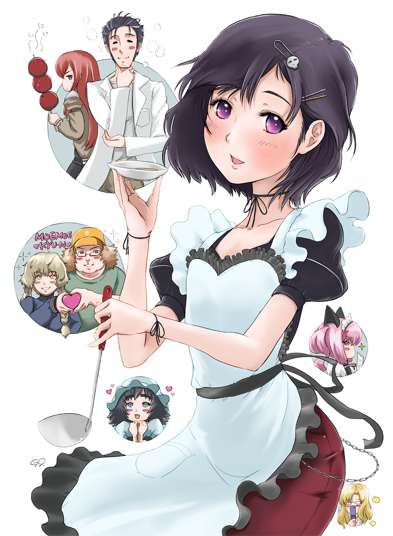 3boys, 5girls, :d, akiha_rumiho, amane_suzuha, animal_ears, apron, arm_belt