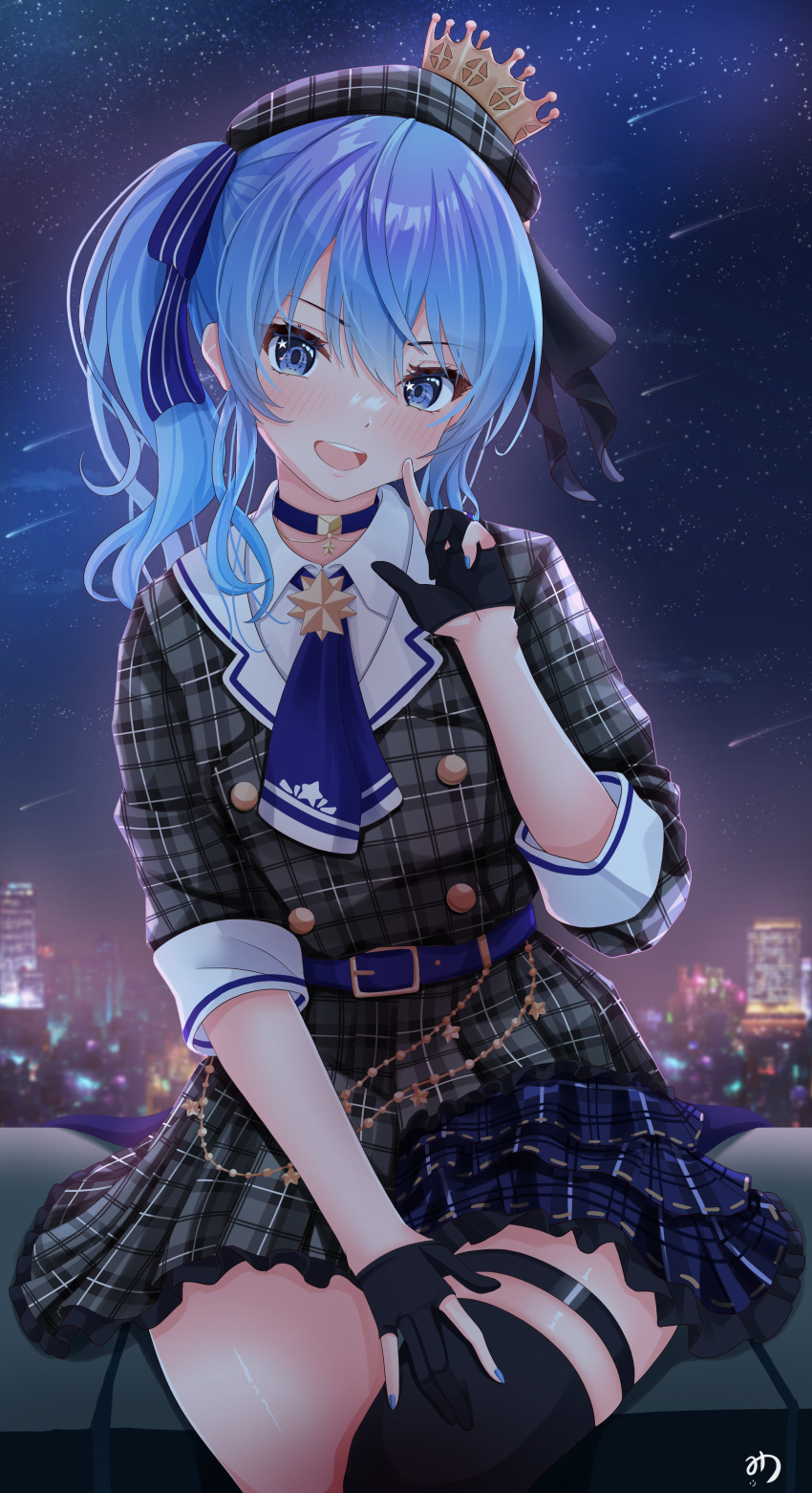 1girl, absurdres, beret, black_gloves, black_thighhighs, blue_choker, blue_eyes, blue_hair, choker, commentary_request, gloves, grey_hat, grey_shirt, grey_skirt, hat, highres, hololive, hoshimachi_suisei, hoshimachi_suisei_(1st_costume), medium_hair, muutsu_(maxwell0916), o-ring, o-ring_choker, open_mouth, shirt, skirt, smile, solo, star_(symbol), star_in_eye, symbol_in_eye, thigh-highs, thigh_strap, virtual_youtuber