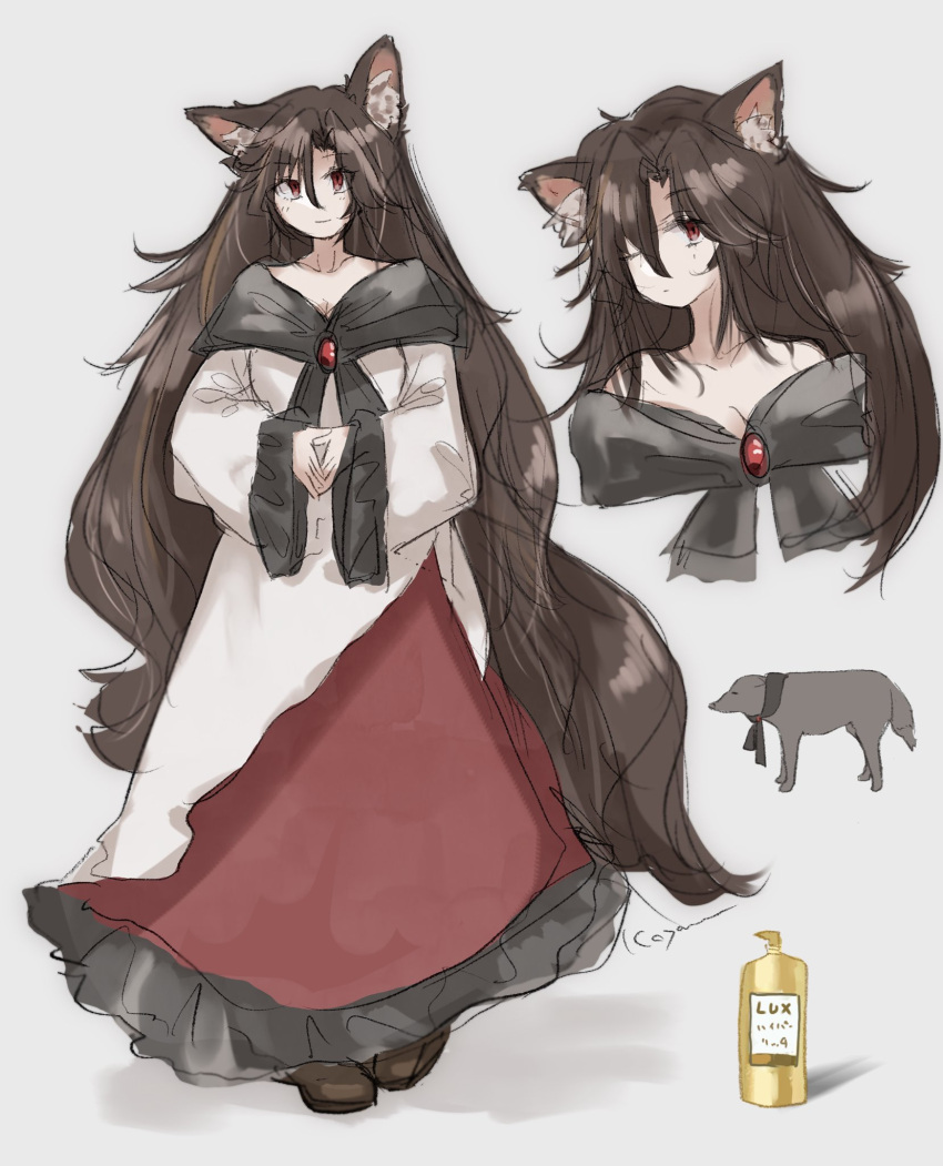 1girl, animal_ears, brown_hair, commentary, dress, frills, full_body, grey_background