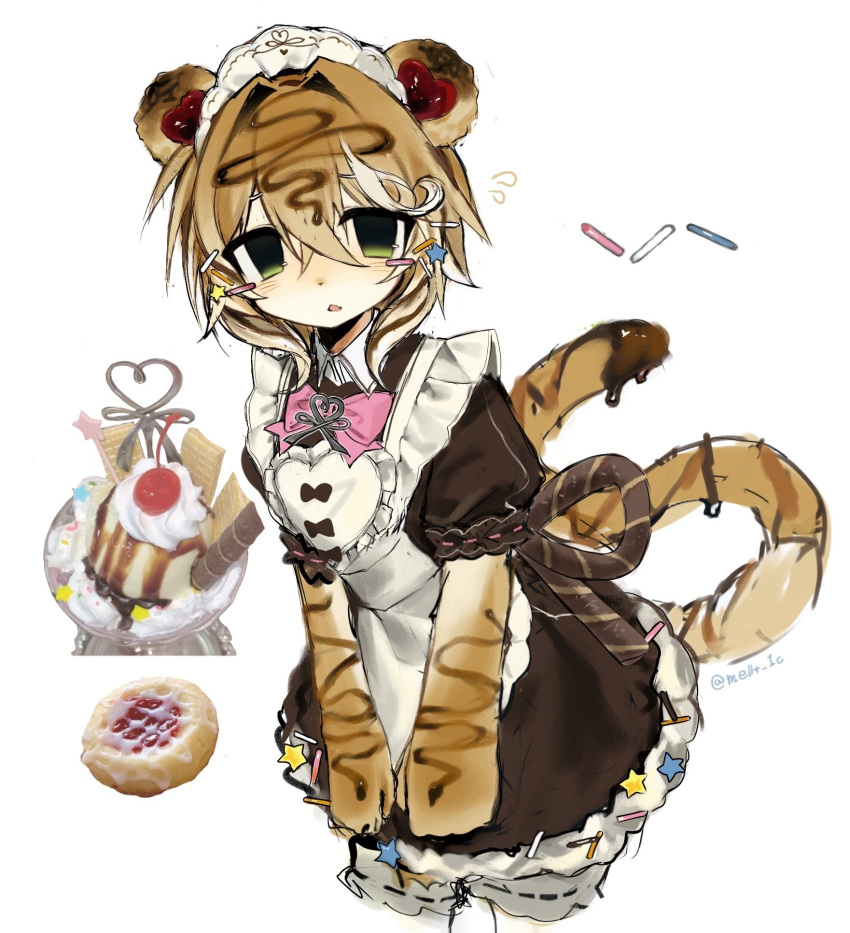 1girl, animal_ears, animal_hands, apron, back_bow, black_dress, blonde_hair, blush