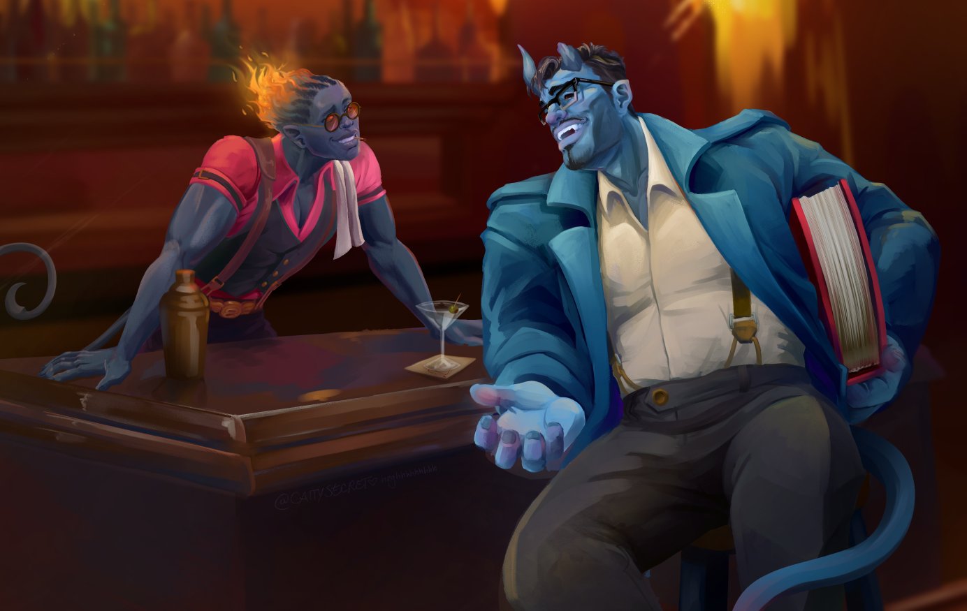 2boys, abrams_(deadlock), bartender, black_hair, black_vest, blue_coat, book, broken_horn