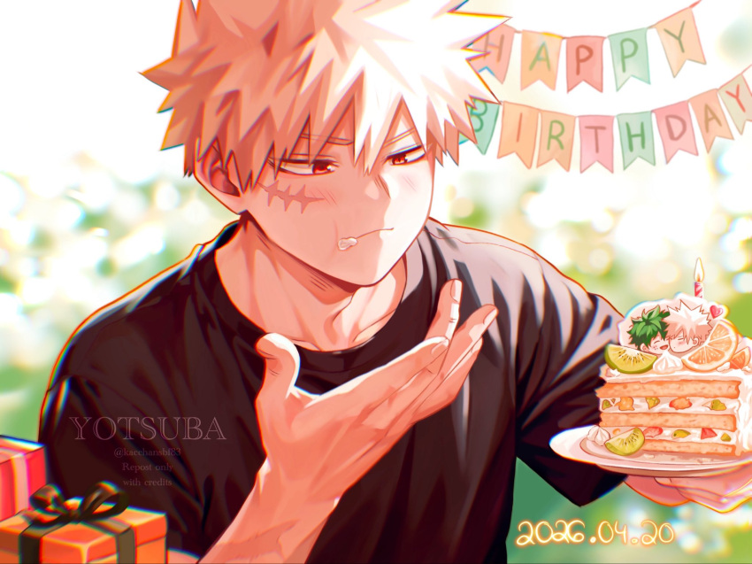 1boy, adam's_apple, artist_name, bakugou_katsuki, black_shirt, blonde_hair, blush, boku_no_hero_academia