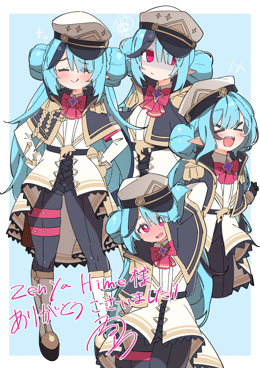 >_<, +++, 1girl, :d, absurdres, arm_behind_head, belt, belt_buckle