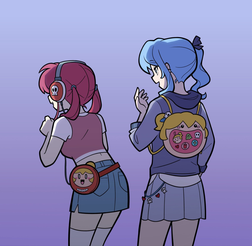 2girls, alternate_costume, blue_hair, blue_ribbon, carmen_piper, casual, character_backpack, earrings