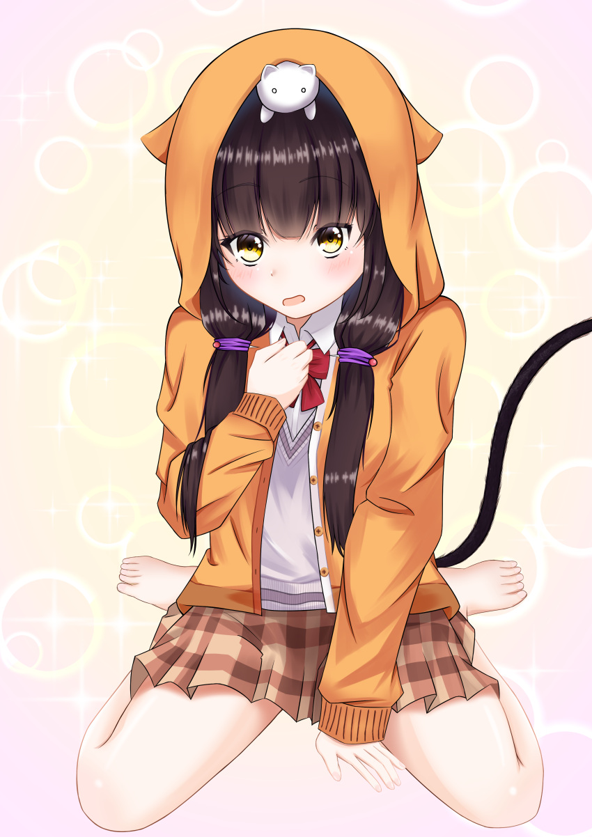 1girl, absurdres, animal_ears, animal_hood, animal_on_head, asakura_karen_(heaven_burns_red), bare_legs, barefoot