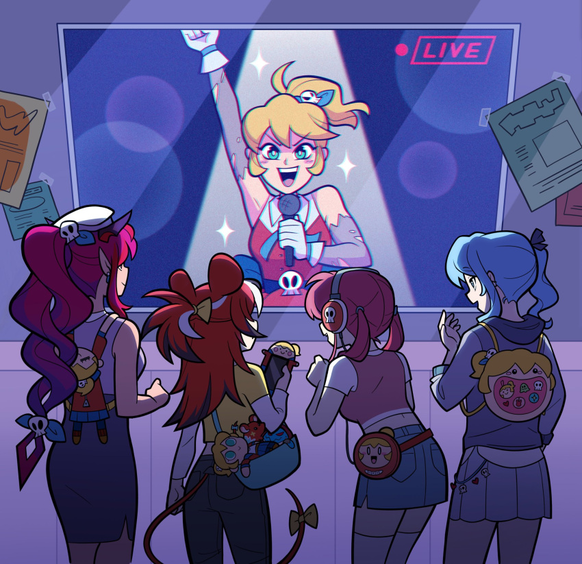 alternate_costume, animal_ears, arm_up, bare_shoulders, blonde_hair, blue_hair, blue_ribbon, blush_stickers