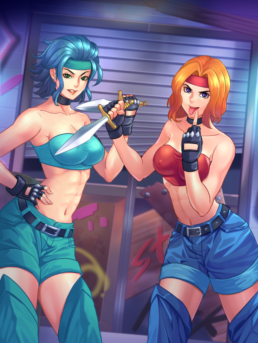 2girls, bare_shoulders, belt, belt_buckle, black_gloves, blonde_hair, blue_shorts, boots