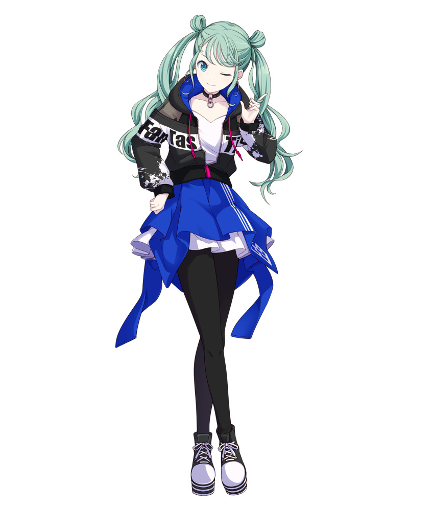 1girl, ;), aqua_eyes, black_choker, black_jacket, black_pantyhose, black_shoes, blue_shirt, breasts, chain_choker, choker, choppy_bangs, closed_mouth, clothes_writing, collarbone, collared_shirt, colorful_palette, crop_top, crossed_ankles, dot_nose, double_bun, drawstring, full-length_zipper, full_body, game_cg, green_hair, hair_bun, hand_on_own_hip, hatsune_miku, highres, index_finger_raised, jacket, japanese_clothes, layered_skirt, long_hair, long_sleeves, looking_at_viewer, multicolored_shoes, o-ring, o-ring_choker, official_art, one_eye_closed, open_clothes, open_jacket, pantyhose, project_sekai, shirt, shoes, sidelocks, skirt, small_breasts, smile, solo, splatter_print, split_mouth, standing, strapless, tachi-e, third-party_source, transparent_background, twintails, two-tone_shoes, vivid_bad_squad_miku, vocaloid, white_shoes, white_skirt, zipper, zipper_pull_tab