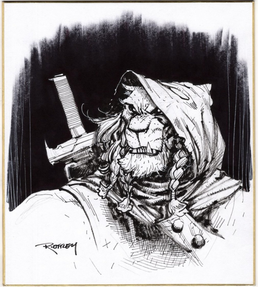 1boy, battle_beast_(invincible), braid, commentary, english_commentary, fangs, furry, furry_male