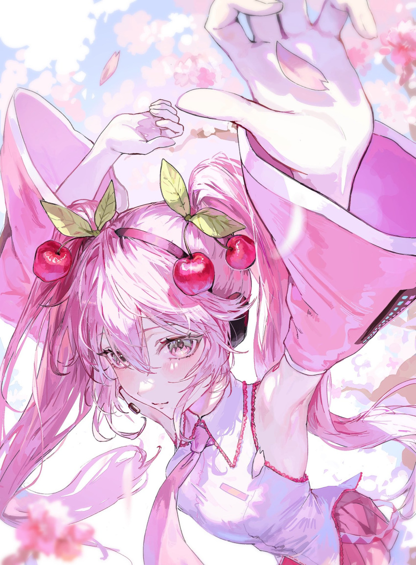 1girl, armpits, blurry, blurry_background, blush, breasts, cherry, cherry_blossoms, cherry_hair_ornament, closed_mouth, collared_shirt, commentary_request, crossed_bangs, depth_of_field, detached_sleeves, dutch_angle, falling_petals, food, food-themed_hair_ornament, frilled_shirt, frills, from_above, fruit, hair_between_eyes, hair_ornament, hatsune_miku, headset, highres, long_hair, long_sleeves, looking_at_viewer, medium_breasts, necktie, petals, pink_eyes, pink_hair, pink_necktie, pink_petals, pink_shirt, pink_skirt, pink_sleeves, pink_theme, pleated_skirt, sakura_miku, shirt, sidelocks, skirt, sleeveless, sleeveless_shirt, smile, solo, ss2veuss, stretching, tattoo, twintails, untucked_shirt, upper_body, very_long_hair, vocaloid, wide_sleeves