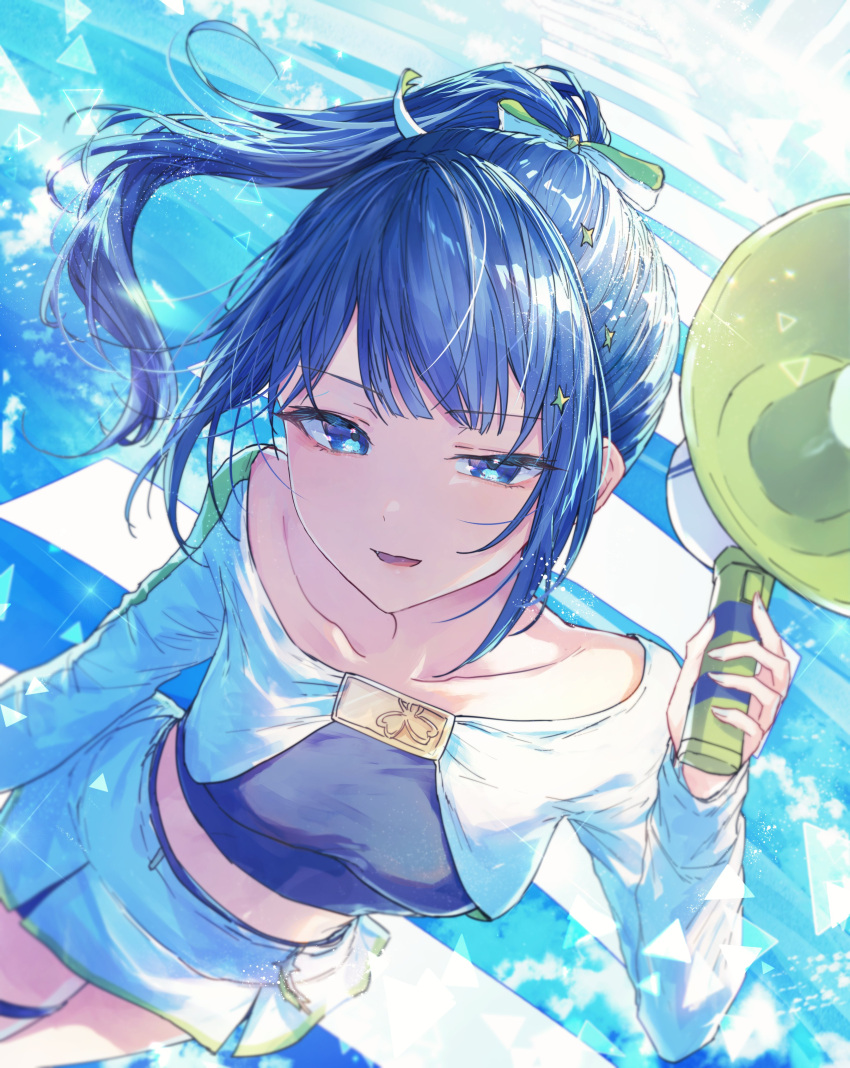 1girl, absurdres, alternate_hair_length_(longer), arm_at_side, black_tube_top, blue_eyes, blue_hair, blue_theme