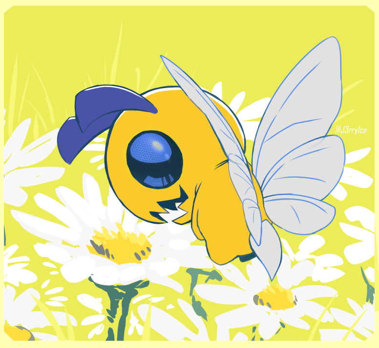 antennae, bee, bee_wings, black_eyes, border, bug, commentary, digimon