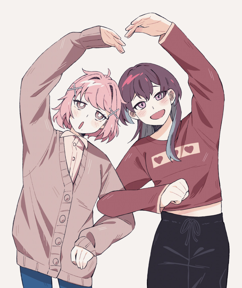 2girls, ahoge, black_pants, blue_hair, blue_pants, brown_cardigan, buttons, cardigan