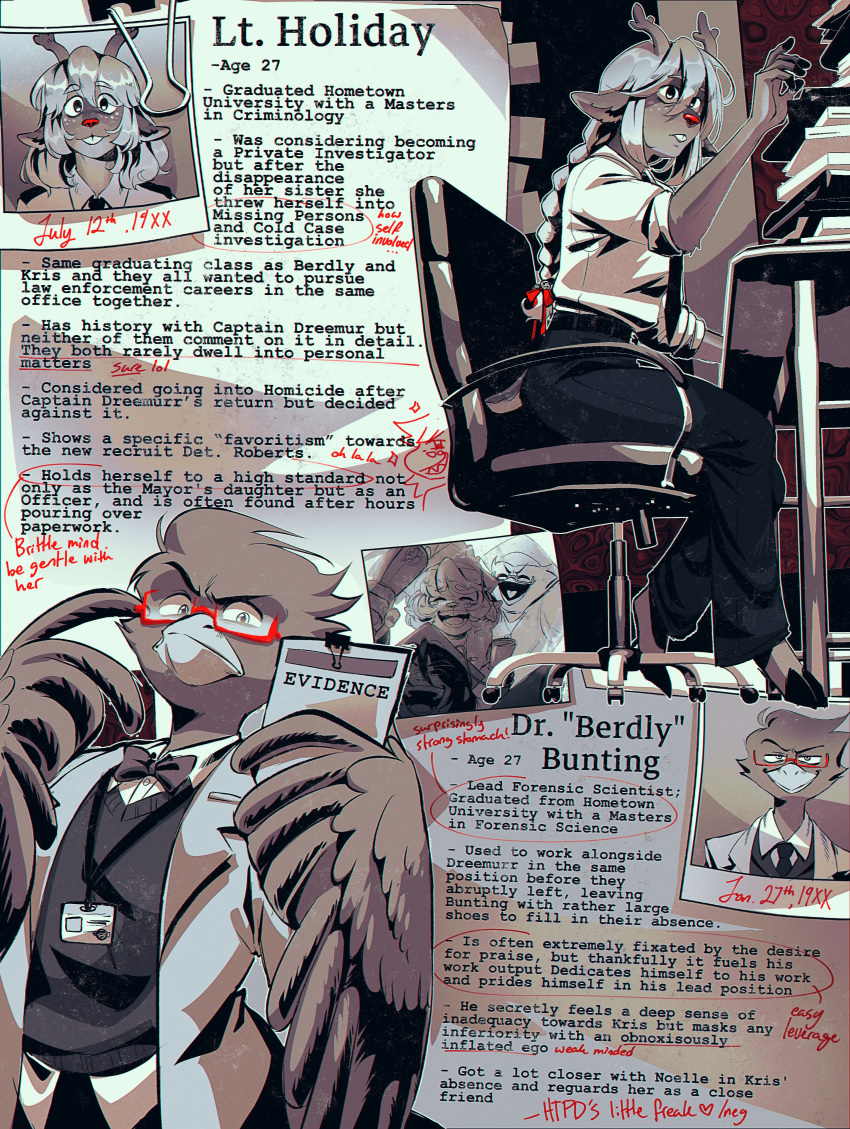 1boy, 1girl, 1other, absurdres, alternate_universe, androgynous, animal_ears, antlers, belt, berdly_(deltarune), bird_boy, black_pants, book, book_stack, chair, colored_text_highlight, dated, deer_ears, deer_girl, deltanoir, deltarune, drawing_(object), furry, furry_female, furry_male, glasses, highres, holding, holding_umbrella, horns, kris_(deltarune), lab_coat, long_hair, noelle_holiday, open_mouth, pants, paper, photo_(object), semi-rimless_eyewear, shirt, smile, teeth, text_focus, thelostmoongazer, umbrella, utdr_(toby_fox)
