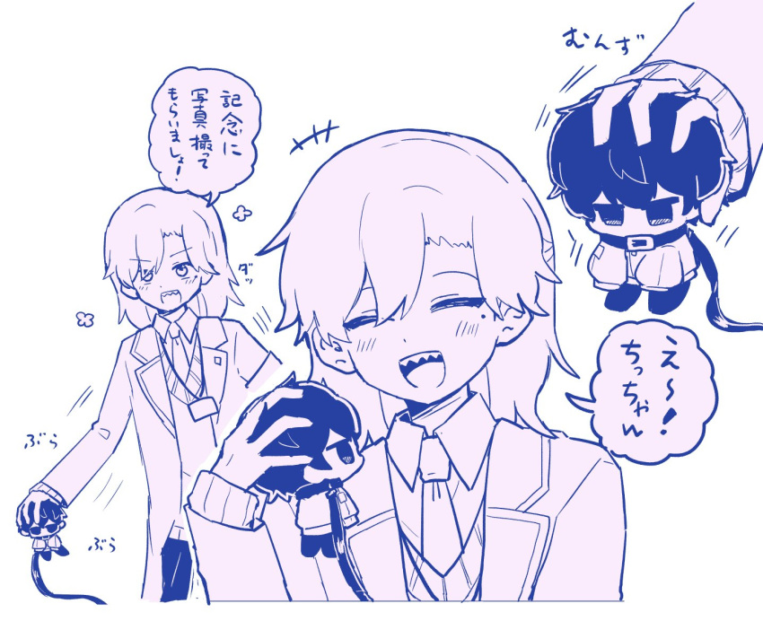 2boys, :d, blush, chibi, closed_eyes, coat, collared_shirt, commentary_request