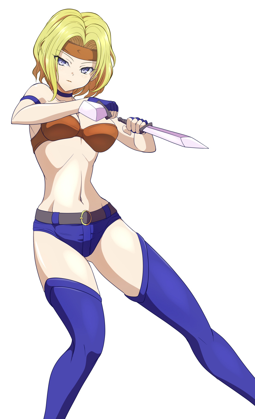 1girl, absurdres, bare_shoulders, belt, belt_buckle, black_choker, black_gloves, blonde_hair