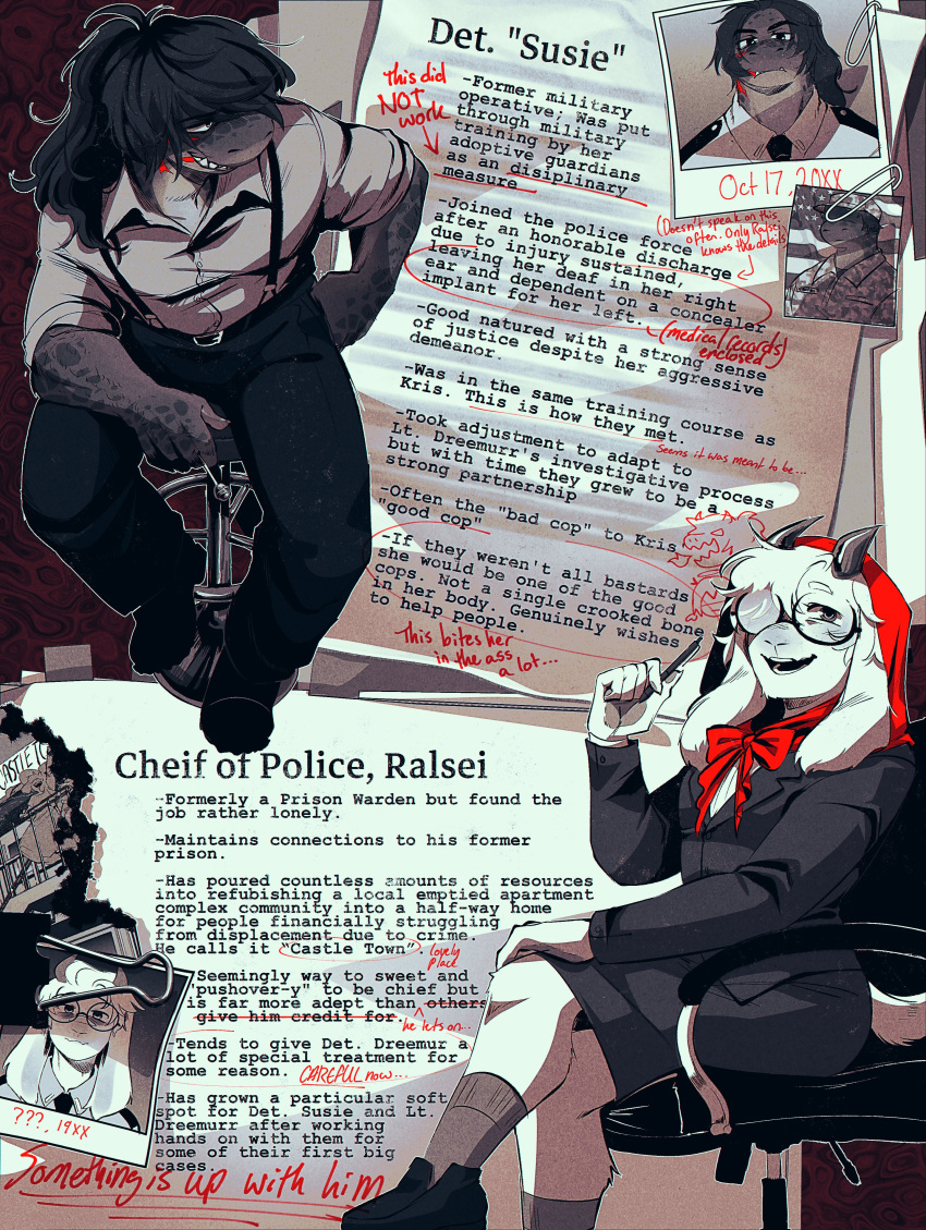 1boy, 1girl, absurdres, alternate_universe, american_flag, animal_ears, black_pants, black_skirt, colored_text_highlight, commentary, crossdressing, crossdressing_(mtf), deltanoir, deltarune, drawing_(object), english_commentary, furry, furry_female, furry_male, glasses, goat_boy, goat_ears, highres, holding, hood, hood_up, horns, open_mouth, pants, paper, paperclip, ralsei, red_hood, red_ribbon, ribbon, round_eyewear, scar, scar_on_face, skirt, smile, susie_(deltarune), teeth, thelostmoongazer, utdr_(toby_fox)