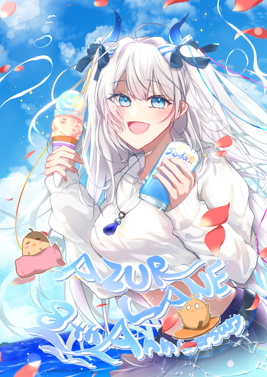 1girl, :d, anniversary, azur_lane, blue_eyes, blue_horns, blue_ribbon, blue_sky, blush, can, clouds, commentary_request, copyright_name, cropped_sweater, drink_can, fang, food, hair_ribbon, highres, holding, holding_can, holding_ice_cream_cone, horns, ice_cream, ice_cream_cone, long_hair, manjuu_(azur_lane), midriff, official_alternate_costume, outdoors, purple_skirt, ribbon, sekana_(wekqi8acvqwn60g), skirt, sky, smile, soda_can, suffren_(azur_lane), suffren_(impulsive_incident)_(azur_lane), sweater, twitter_username, water, white_hair, white_sweater