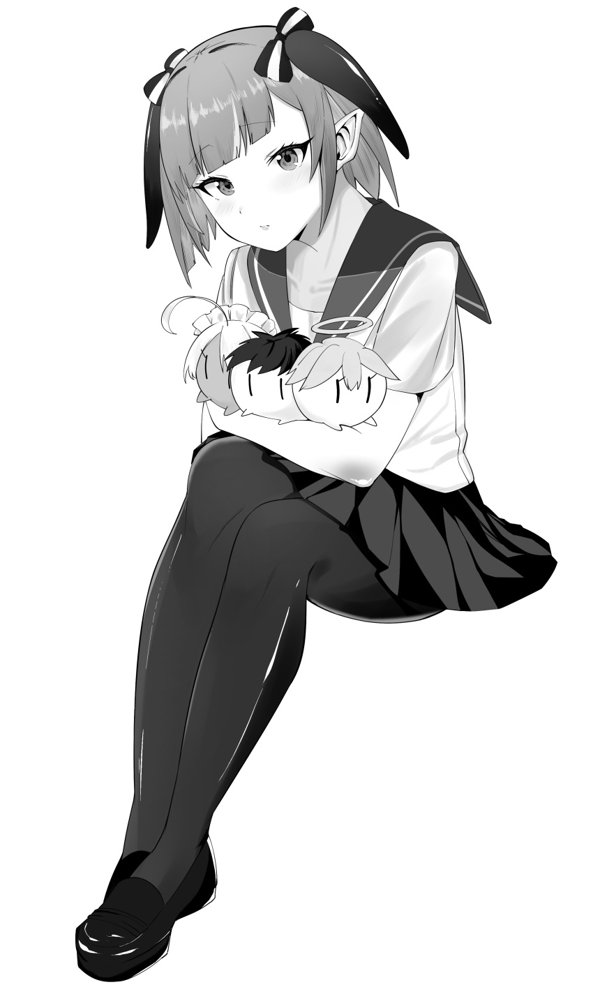 absurdres, ahoge, ami_(kanan-sama), character_doll, closed_mouth, doll, greyscale, hair_ribbon