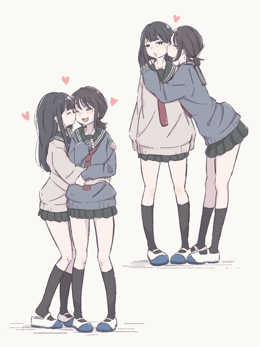 2girls, absurdres, black_hair, black_skirt, black_socks, blue_sailor_collar, brown_sweater, closed_eyes