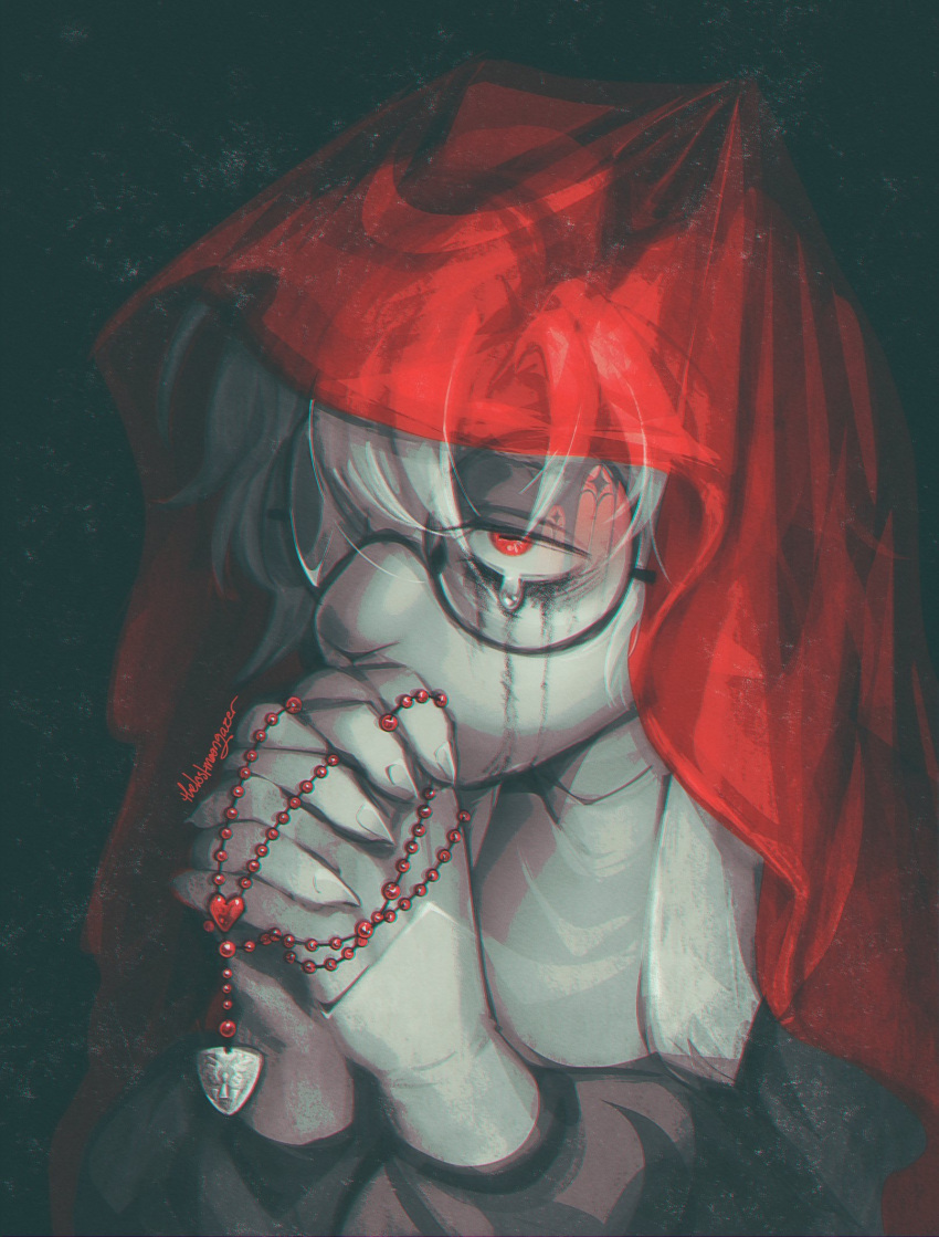 1boy, alternate_universe, beads, black_background, black_veil, crying, delta_rune_(symbol), deltanoir