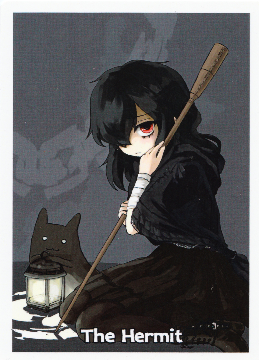 1girl, absurdres, bandaged_arm, bandages, black_boots, black_capelet, black_dress, black_hair, boots, bottle_neko, capelet, card, cat, chain, closed_mouth, creature, dress, grey_background, hair_over_one_eye, highres, holding, holding_stick, kirishima_sagiri, lantern, medium_hair, official_art, red_eyes, sitting, stick, tama_(ukagaka), tarot, tarot_card, the_hermit_(tarot), third-party_source, ukagaka, wariza