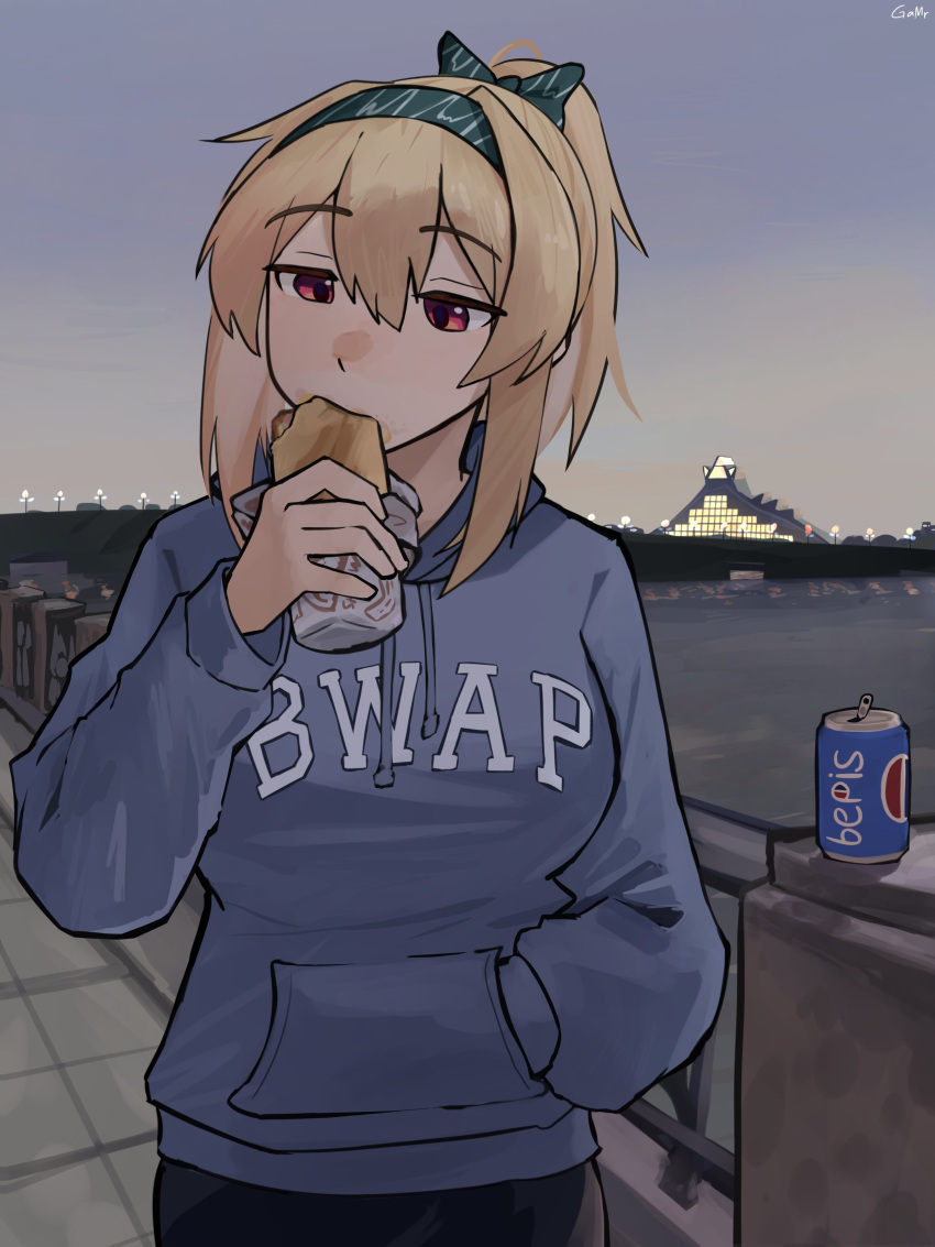 1girl, absurdres, blonde_hair, blue_hoodie, blue_sky, bow, building, can