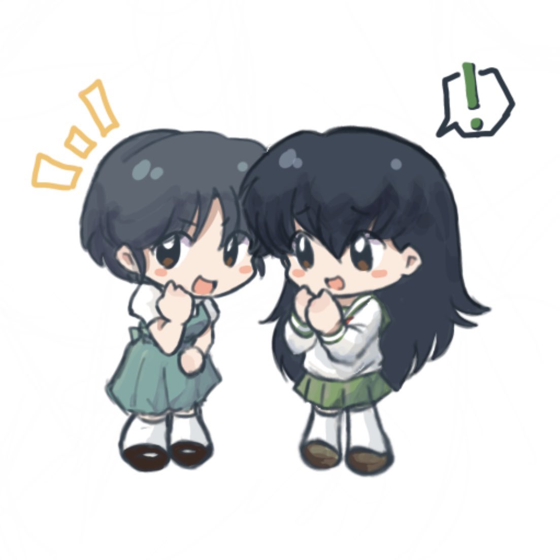 !, 2girls, :d, black_hair, black_shoes, blue_dress, blush_stickers, brown_eyes