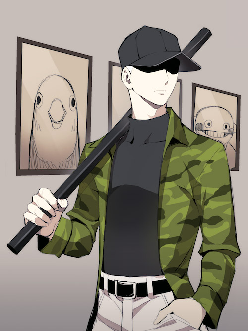 1boy, baseball_cap, baseball_uniform, belt, bird, black_belt, black_hat, black_shirt