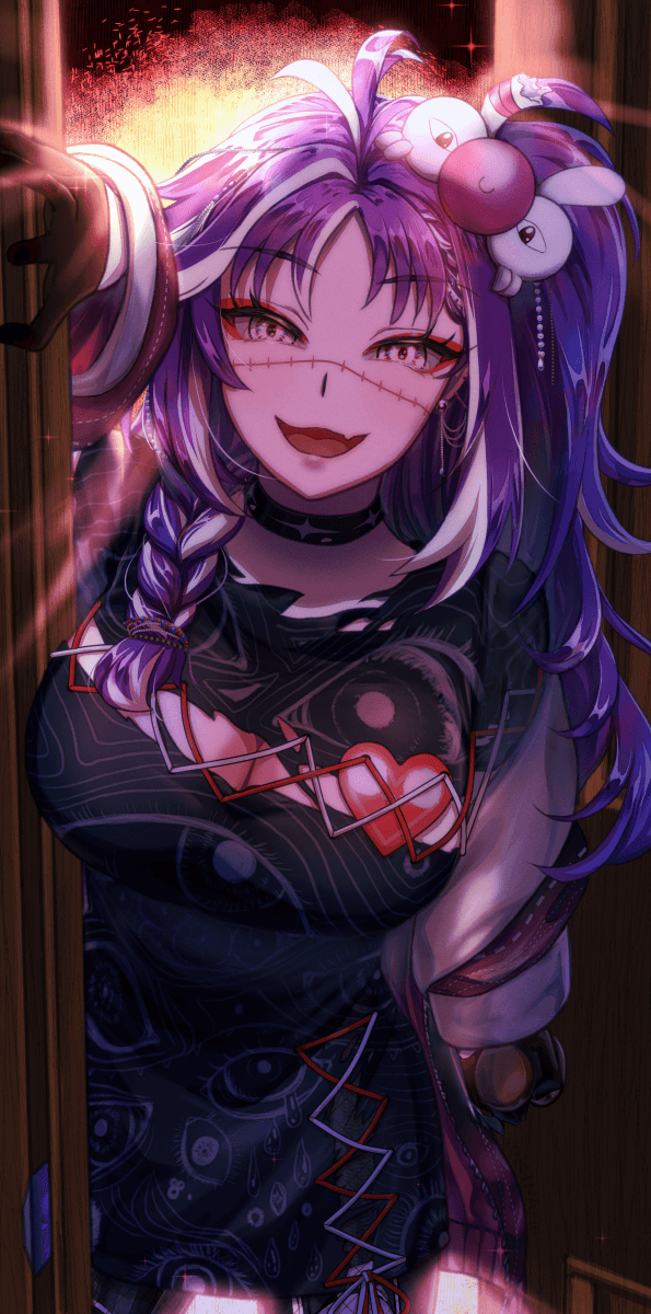 1girl, ahoge, black_choker, black_shirt, braid, breasts, choker, cleavage_cutout
