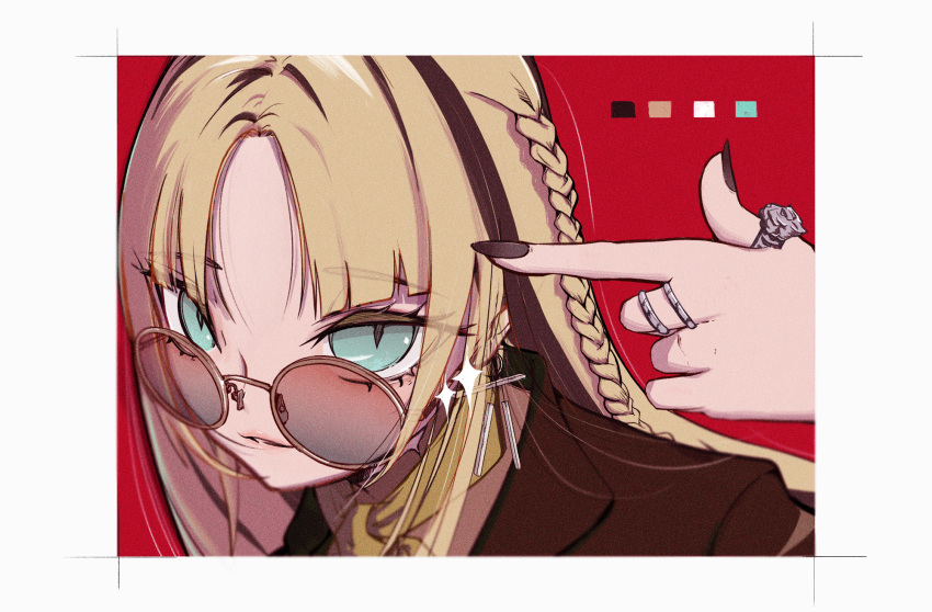 1girl, black_nails, blonde_hair, blue_eyes, border, braid, collared_shirt, color_guide