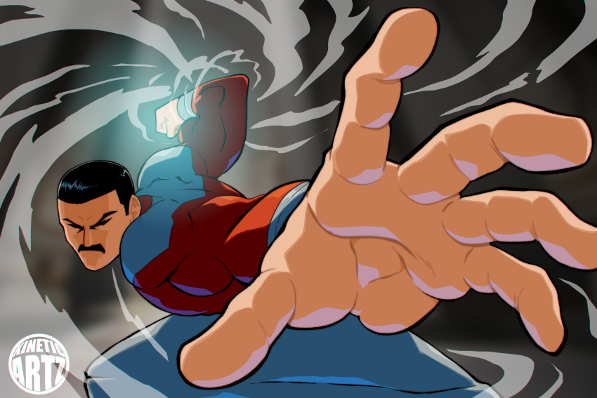 1boy, absurdres, black_hair, facial_hair, highres, invincible_(series), kineticartz, meme, muscular, muscular_male, mustache, pepe_punch_(meme), punching, short_hair, thragg_(invincible), viltrumite, viltrumite_clothes