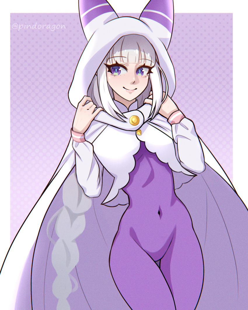 1girl, absurdres, animal_ears, bodysuit, braid, cape, cloak, covered_navel, elf, emilia_(re:zero), grey_hair, highres, hood, hood_up, hooded_cloak, official_alternate_costume, pindoragon, pointy_ears, purple_background, purple_bodysuit, re:zero_kara_hajimeru_isekai_seikatsu, skin_tight, violet_eyes, white_cape, white_cloak