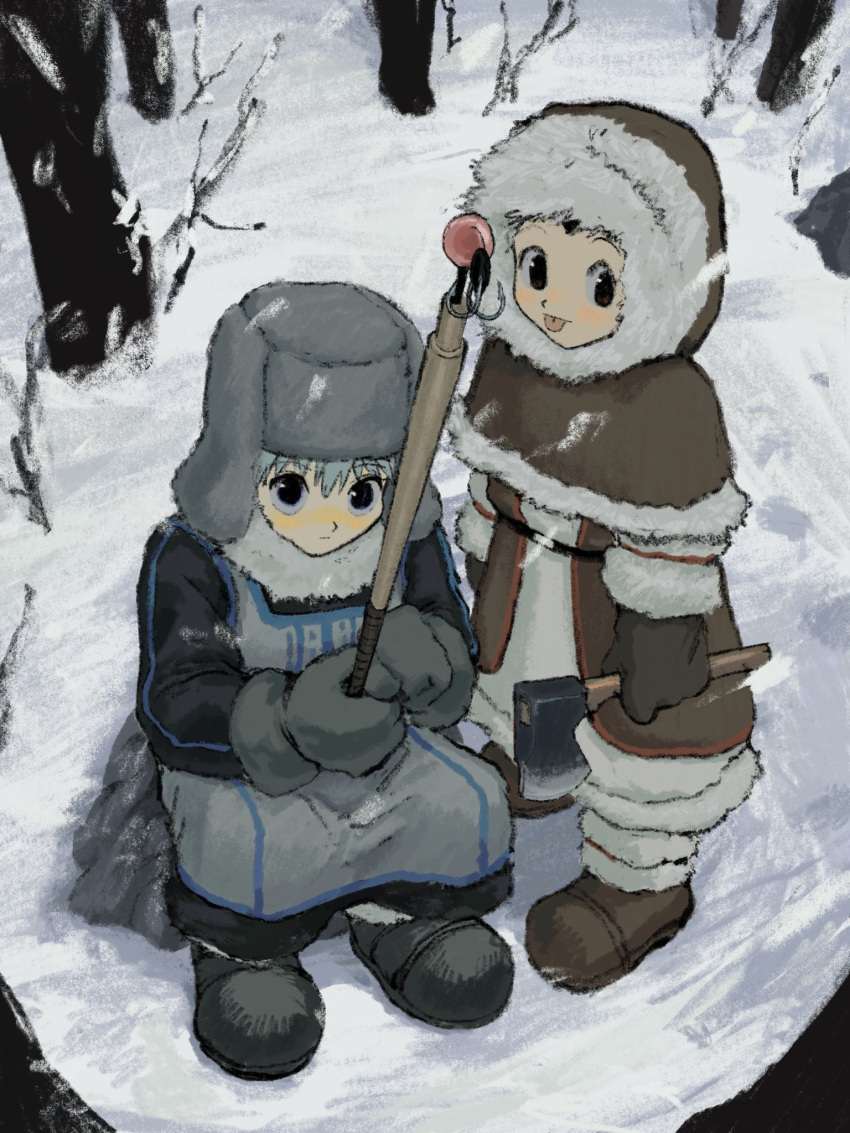 2boys, alternate_costume, axe, blue_eyes, brown_eyes, coat, fishing_rod, fur-trimmed_coat, fur_trim, gon_freecss, hatchet_(axe), highres, holding, holding_axe, holding_fishing_rod, hood, hood_up, hunter_x_hunter, killua_zoldyck, long_sleeves, male_focus, multiple_boys, short_hair, smile, white_hair, winter, winter_clothes, winter_coat, z1vfcd2