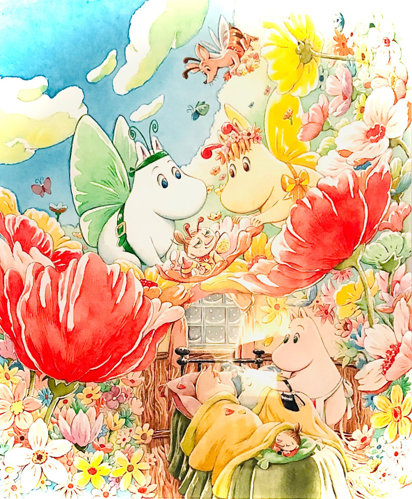 2boys, 3girls, antennae, apron, bed, bee_wings, belt, belt_buckle